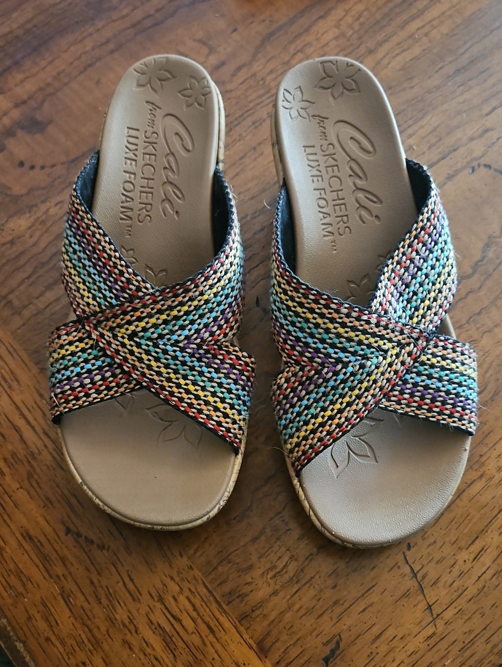 Skechers Women’s Cali Luxe Foam Multicolor Woven Crossover Slide On Wedge